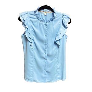 Blue Ruffle Sleeve & Ruffle Neck  Button Down Top Size Medium